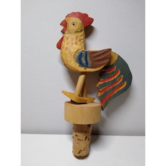 Mechanical Foot Kicking Rooster Hen Chicken Bottle Stopper Carved Wood Bar Anri - Picture 2 of 8